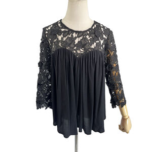Anthropologie Guest Editor Womens Black Flowy Floral Lace Top Sweetheart